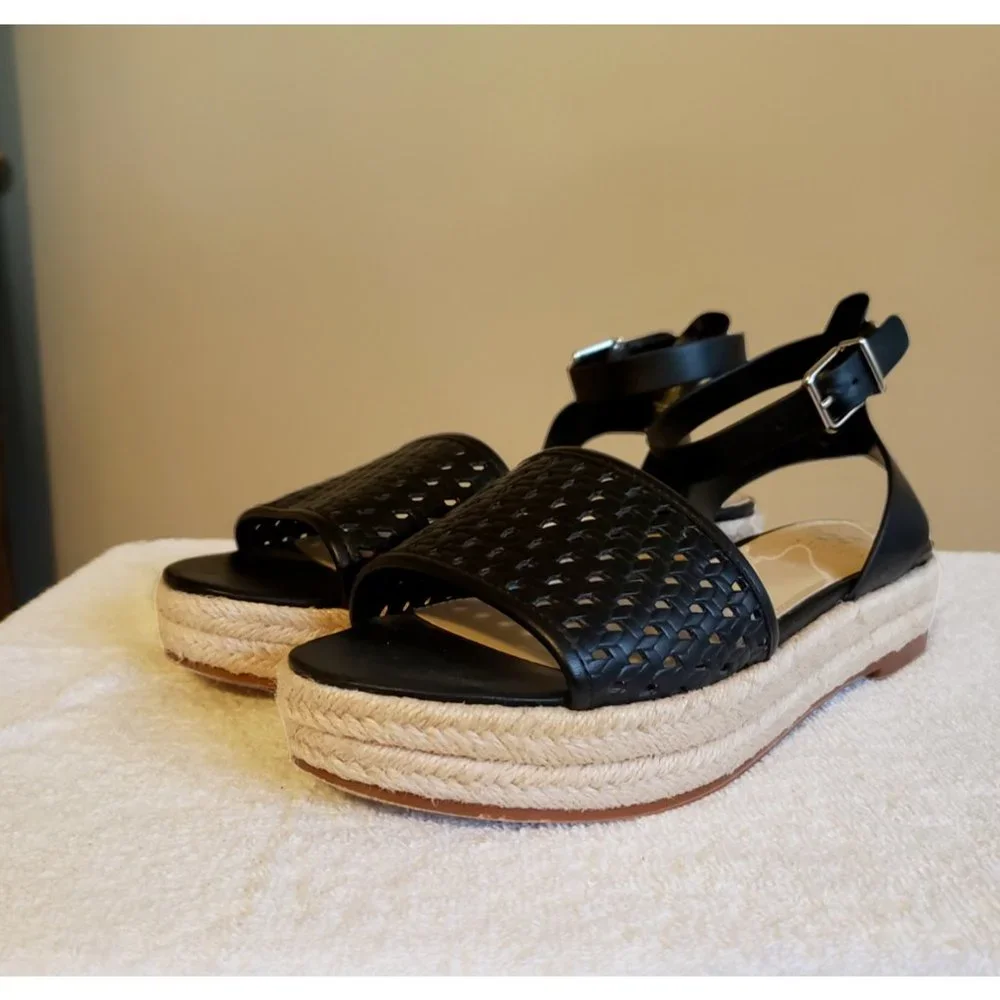 Vince Camuto Kovya Espadrille Strappy Black Leather Sandals Women's Size 10 M